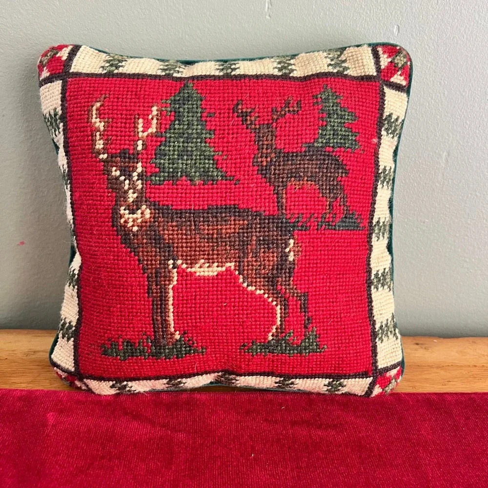 Vintage Needlepoint Deer Pillow Red Green Velvet Rustic Lodge Christmas Decor